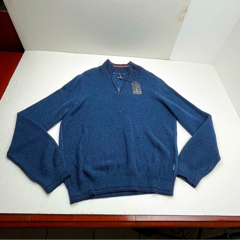 Ben Sherman Sweater Blue Waffle Knit 1/4 Zip Mock Neck Pullover Size‎ Large NEW